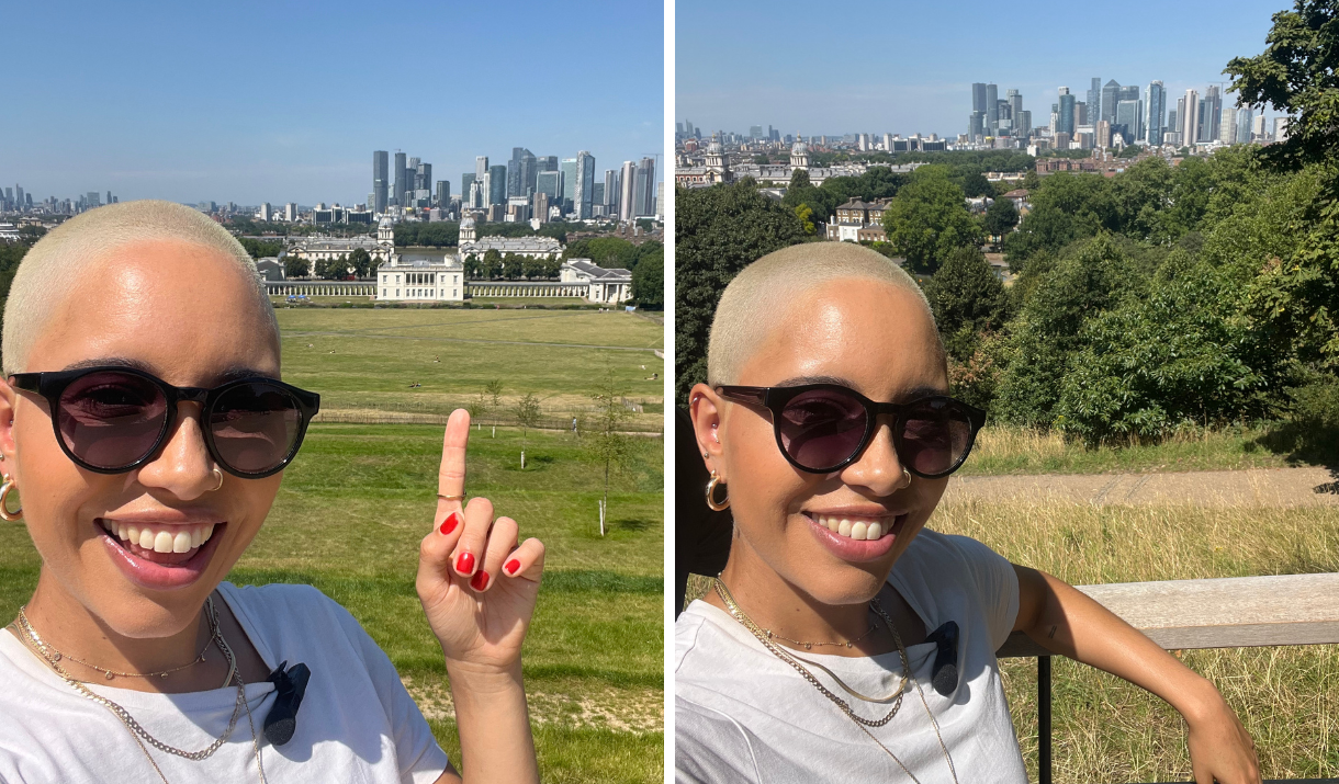 Woman takes selfies in Greenwich Park